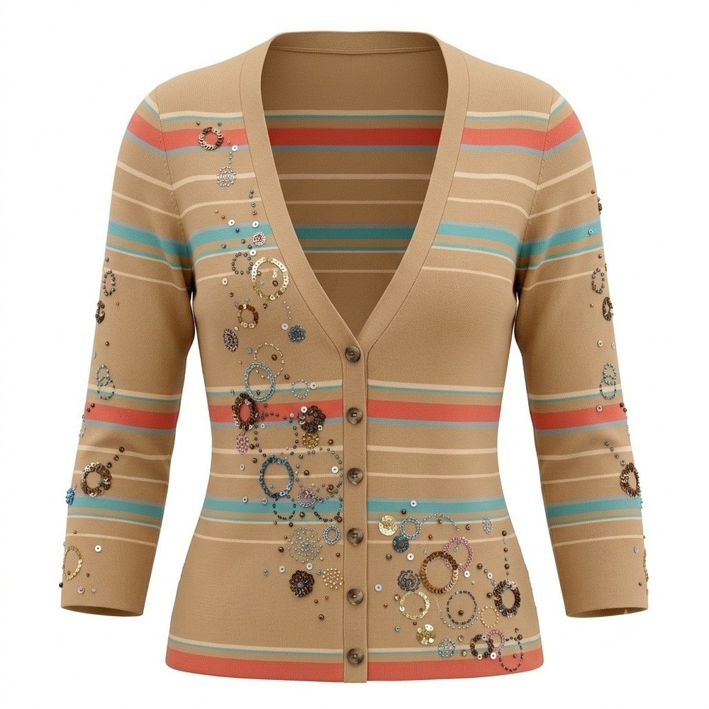 Anthropologie Moth Striped Cardigan Embellished Floral Design Boho‎ Chic Women M
